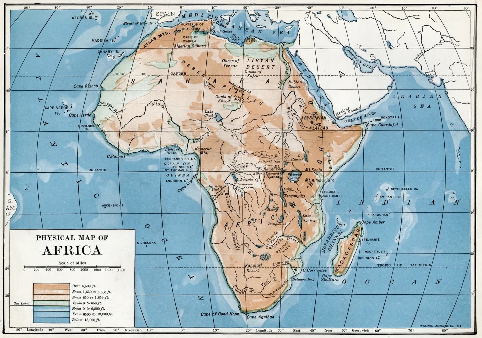 A printed physical map of Africa from 1916